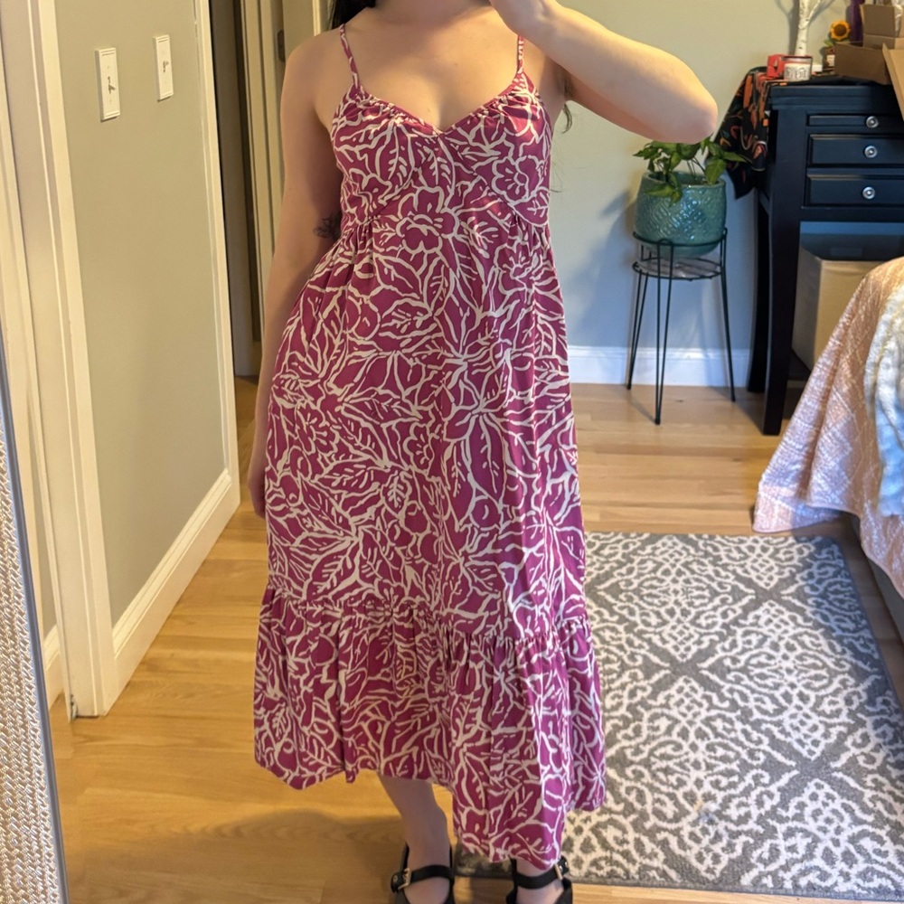 Women’s Pink Floral Midi Dress with Spaghetti Straps